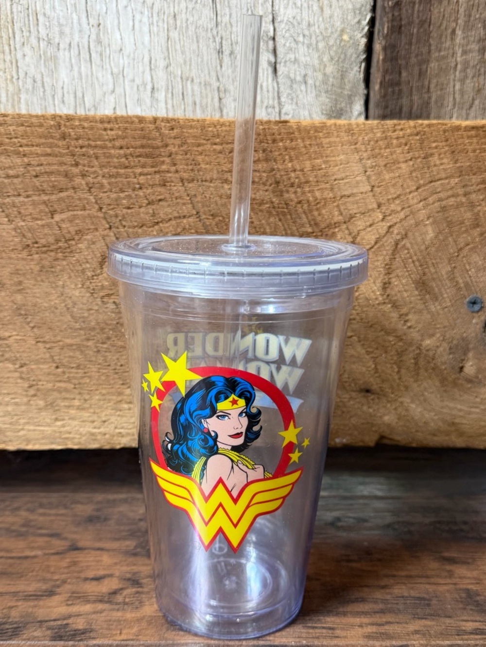Wonder Woman Clear Travel Tumbler with Straw - Yellow & Red Logo